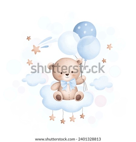 Baby teddy bear sits on the cloud with balloons