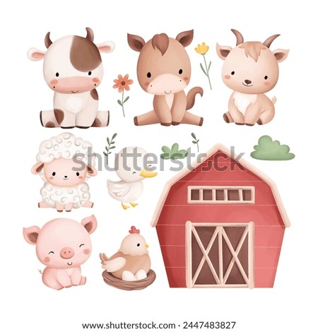 Set of Cute Farm Animals and Elements