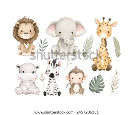 Set of Safari Animals and Tropical Leaves