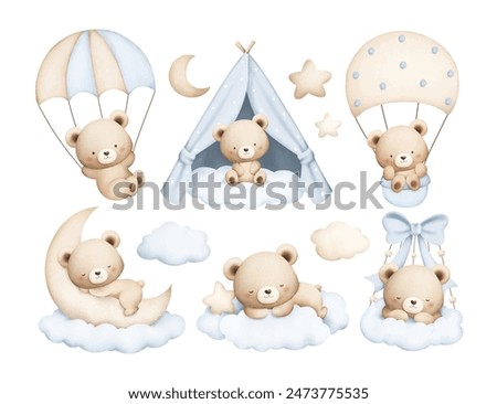 Watercolor Illustration Set of Cute Baby Teddy Bears