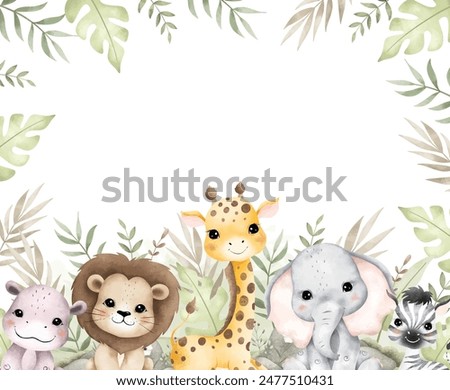 Watercolor Illustration Safari Animals and Tropical Leaves Frame