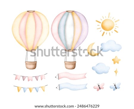 Watercolor Illustration Set of Hot Air Balloons and Elements