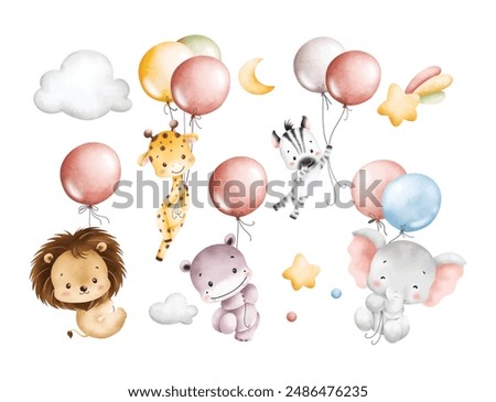 Watercolor Illustration Set of Safari Animals and Balloons