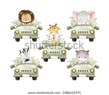 Watercolor Illustration Set of Cute Baby Safari Animals in Car