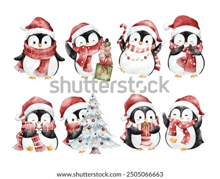 Watercolor Illustration Set of Christmas Penguins