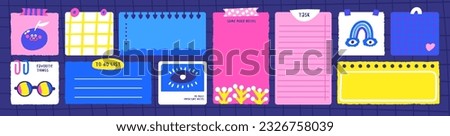 Sticky hand drawn doodle psychedelic notes on paper, cute blanks, office notices, home reminder. Paper sticky notes, memo messages, torn paper for school, university, work. Vector eps 10