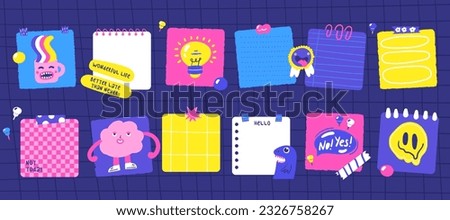 Sticky hand drawn doodle notes on paper, cute blanks, office notices, home reminder with funny characters. Paper sticky notes, memo messages, torn paper for school, university, work. Vector eps 10