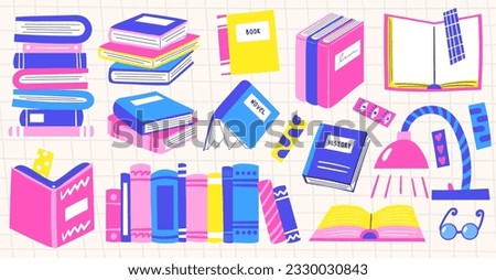 Hand drawn doodle cute books stack in different projections, side, top view, in a group, closed, open, in a row. Book set for books lovers, school, university, educational process. Book with lamp