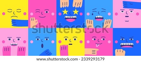 Square faces with emotion collection. Cute hand drawn doodle flat style people emoji icons with hands showing feelings. Cartoon funny style icons set, vector illustration. Characters collection