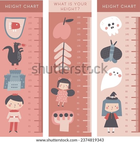 Kid height measurement, centimeter, chart with prince, witch, fairy, ghost, dragon, castle, apple, tree, moth, skull. Fairy tale magic fantasy animals, objects, characters for children