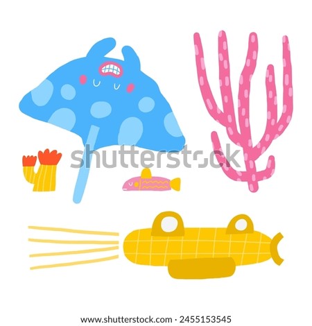 Cute underwater postcard with funny hand drawn doodle electric ray, coral, submarine, sub, fish, sea plant, seaweed. Sea, ocean bottom reef cover, template, banner, poster, print. Cartoon style backgr