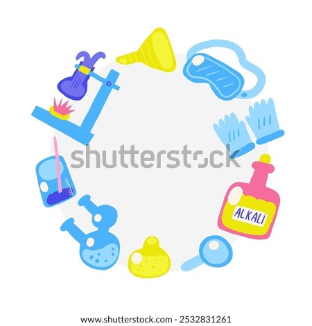 Cute science theme composition, banner, wreath with funny hand drawn doodle test tube, acid, flask, bottle, magnifying lens, gloves, glasses. Hand drawn doodle circle round banner, invitation, card