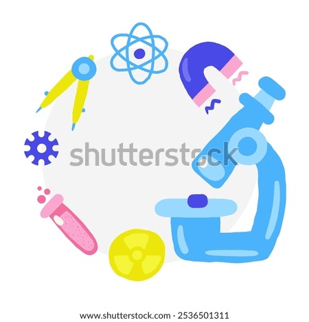 Cute science theme composition, banner, wreath with funny hand drawn doodle chemistry test tube, acid, flask, bottle, compass, atom structure, microscope. Hand drawn doodle circle round banner, invita