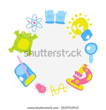 Cute science theme composition, banner with funny hand drawn doodle frog, gloves, bulb, atom structure, virus, flask, microscope, cell. Hand drawn doodle circle round banner, invitation, card