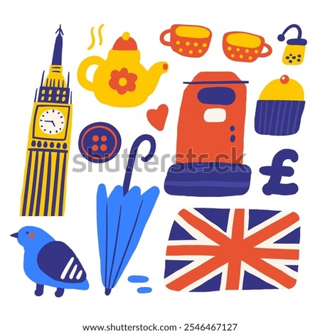 Cute England, english, UK, United Kingdom objects, composition with hand drawn doodle mail box, umbrella, flag, cupcake, tea, cup, pot, button, pound, pigeon, Big Ben. Tourist, travel, education signs