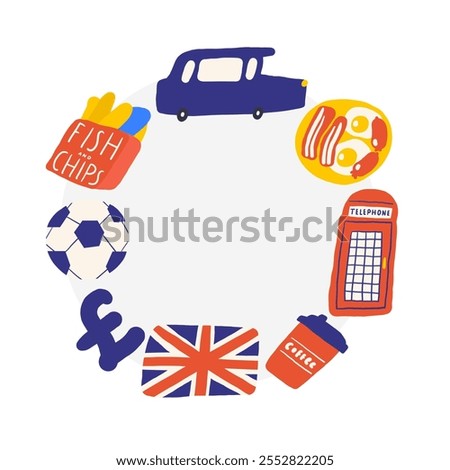 Cute England, English, Great Britain, United Kingdom theme composition, banner, wreath with funny doodle cab, taxi, flag, fish and chips, football, coffee, telephone box, pound. British background