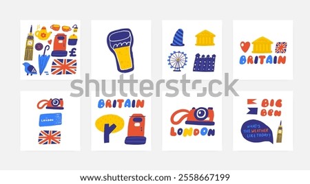 Cute England, english, UK, United Kingdom objects, composition with hand drawn doodle mail box, umbrella, flag, cupcake, tea, cup, pot, button, pound, pigeon, Big Ben. Tourist, travel, education signs