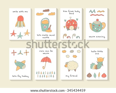 Cute hand drawn doodle baby shower cards, brochures, invitations with jellyfish, sea star,lady bird, kettle, plane, umbrella, bucket with sand and shovel, sheep,caterpillar. Cartoon animals background