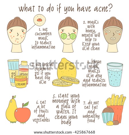 Cute hand drawn doodle infographic about what to do if you have acne. Objects collection including faces, lemon, glass of water, cream, gel, apple, pear, muffin, fries, face mask. Skin problems icons