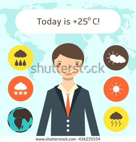 Cute flat style weather forecast background with young man, world map, weather icons. Weather forecast card with text space. Elements of this image furnished by NASA