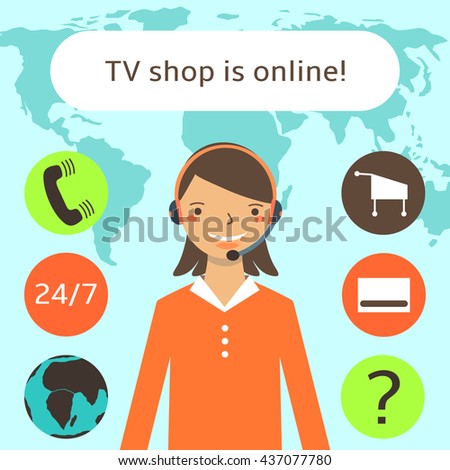 Cute flat style female tv shop, call center operator. Girl in red blouse with earphones and microphone. Elements of this image furnished by NASA