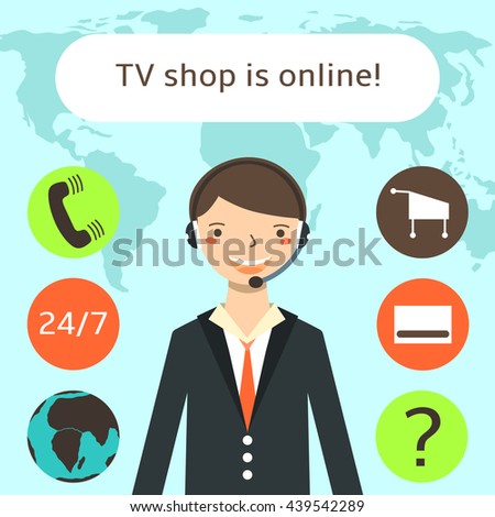 Cute flat style male tv shop, call center operator. Man in business jacket with earphones and microphone. Elements of this image furnished by NASA