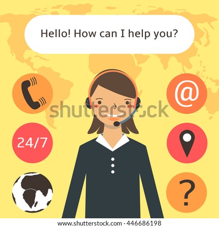 Cute flat style female tv shop, call center operator. Girl in office blouse with earphones and microphone. Elements of this image furnished by NASA