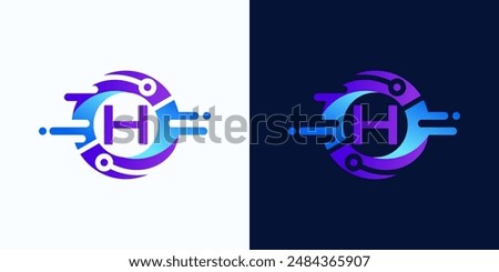 Circle technology logo with letter H inside with circuit dots for digital, data, connection in blue and purple gradient colors