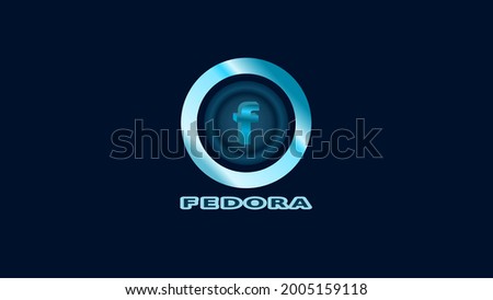 background for a computer desktop with the operating system linux fedora distribution. on a dark blue background circle with a logo, text. vector. 