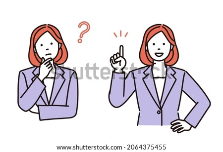A set of simple illustrations of a thinking or smiling businesswoman giving an explanation.Vector data for easy editing. Photo stock © 