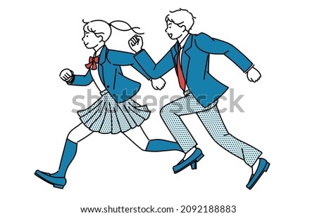 It is a simple illustration of a male and female high school student or junior high school student running in uniform.Vector data that is easy to edit. 商業照片 © 