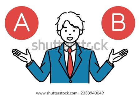 A simple illustration of a male student who spreads his hands and explains