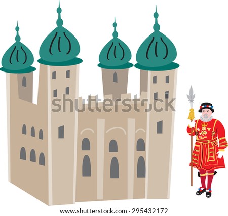 A cartoon illustration of the tower of London and a beefeater