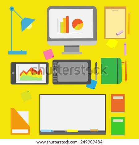 All tools that marketing specialist use in work in flat style