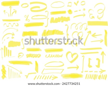 Yellow hand drawn highlighter set. Vector hand drawn graphic stylish elements. Marker pen highlight underline strokes. 