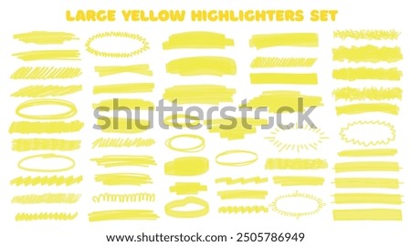 Hightlight yellow hand drawn highlight set.Vector highlighter graphic stylish element. Marker yellow set, brush pen hand drawn underline. Highlighter collection, brush lines, isolated.