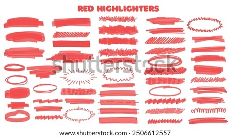 Marker red set, brush pen hand drawn underline. Highlighter collection, brush lines, isolated. Vector highlighter graphic stylish element. Watercolor red hand drawn highlight set.