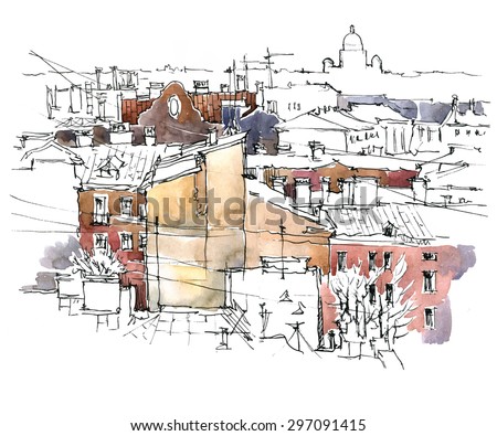 Watercolor vector sketch of old street landscape.