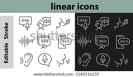 A set of vector linear icons associated with the voice. It contains icons such as Whisper, Audio Message, Voice Input, Voice Control and much more. Editable stroke. Pixel Perfect
