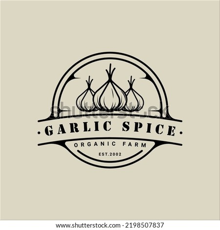 garlic onion logo vector line vintage illustration template icon graphic design. spice and ingredient sign and symbol for farm or seasoning shop with outline circle badge