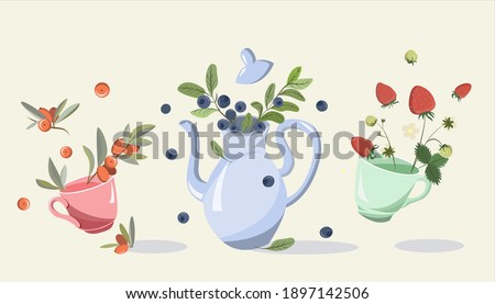 Image of a tea set with cups and teapot in pastel shades filled with berries and sprigs