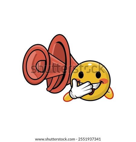 Vector graphic of a cartoon illustration of an Emoticon making a silence sign with a trumpet
