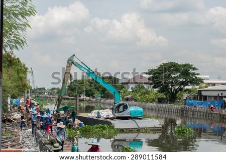 The construction of bicycle paths, walkways along the canal on June 13,2015 in Bangkok, Thailand.