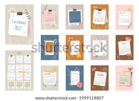 2022 calendar. Cover, set of 12 months pages and page with 2023 calendar. Pieces of papers, photo frames, colorful flowers, flowers contours in flat style. Week starts on Sunday. Vector illustration.