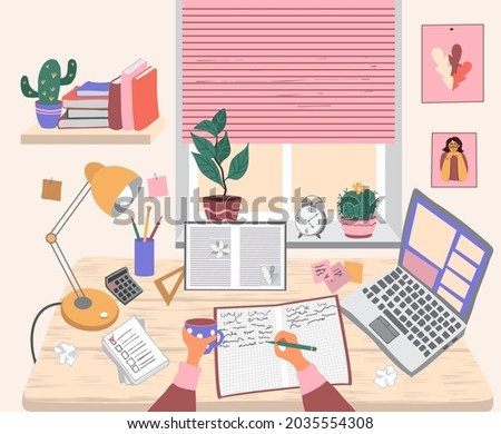Desk of student. Open textbook, ruler, calculator, laptop, lamp on the table. Hands over the table, one hand writing in a notebook, the other holding a mug. Vector isolated flat illustration.