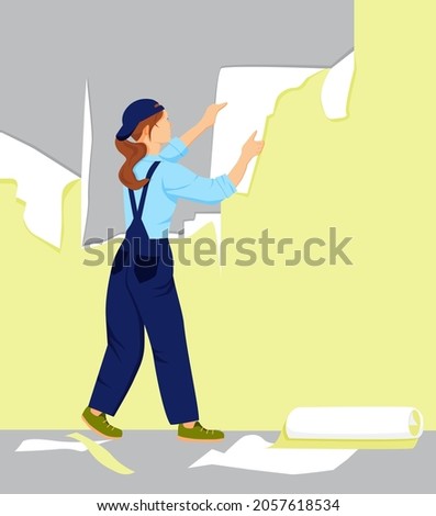 A girl tears off the old wallpaper from the wall. A woman makes repairs in the home. Apartment or house renovation. Isolated vector illustration in cartoon style