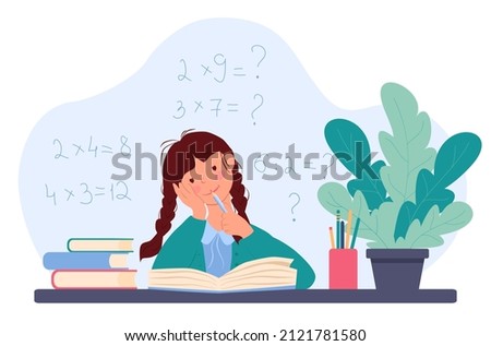 Little girl is sitting at a table over a book and chewing on a pencil. Schoolgirl is learning the multiplication table. There are math examples in the background. Vector illustration in flat style