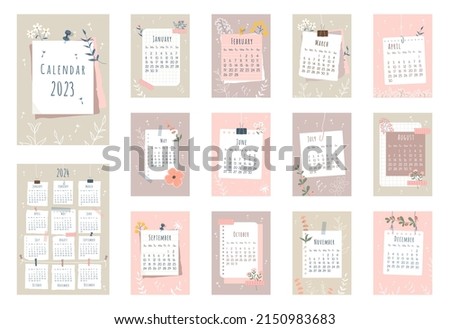 2023 calendar. Cover, set of 12 months pages and page with 2024 calendar. Pieces of papers, colorful flowers, flowers contours in flat style. Week starts on Sunday. Vector illustration.