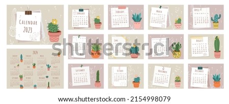 2023 calendar. Cover, set of 12 months pages and page with 2024 calendar. Pieces of papers, different types of cacti and cacti contours in flat style. Week starts on Sunday. Vector illustration.