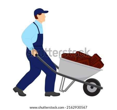 A uniformed worker carries bricks in a construction wheelbarrow.  Vector Illustration in flat style on white background.